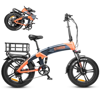 STARRUN S20 Foldable Electric Bike with Basket, 1600W Peak Motor & 52V 15AH Removable Battery Folding Ebikes for Adults, 20\'\'×4.0\'\' Fat Tire Electric Bike with Full Suspension