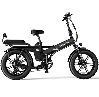 TESWAY X7 Folding Electric Bikes for Adults 20\'\' x 4.0\'\' Fat Tire 750W Motor 48V 25AH Battery w/Full Suspension w/Rear Seat Cushion and 5 PAS Levels Long Range Ebike