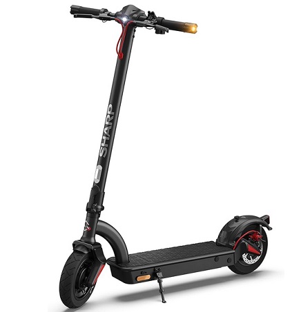 SHARP EM-KS4AEU-B Adult Electric Scooter, Foldable E-Scooter, Kick Scooter with Suspension, Stand, Digital Display, Dual Brake System, Indicators, USB Charging & LED Rear/Headlights - Black