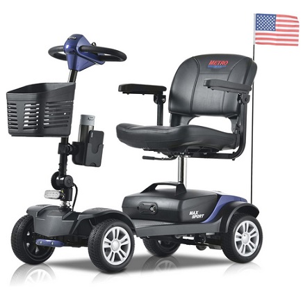 Metro Mobility Max Sport 4 Wheel Foldable Mobility Scooter for Adults - 300 lbs Capacity Powered Mobility Scooters for Senior, Travel - Long Range Power Extended Battery with Comfortable Larger Legroom - Blue