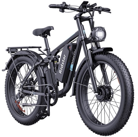 Ridstar E26 PRO Electric Bike 48V 23Ah Battery 1000W*2 Dual Motors 26*4.0inches Tires 50-75KM Max Mileage 150KG Max Load Electric Bicycle - Black