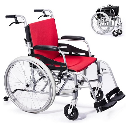 SUMELL HM303D Magnesium Lightweight Wheelchair - 21lbs Self Propelled Chair with Travel Bag & Cushion, Folding 17.5” W Seat, Park & Brake Anti Tipper, Swing Away Footrests, Ultra Light, Red+Black